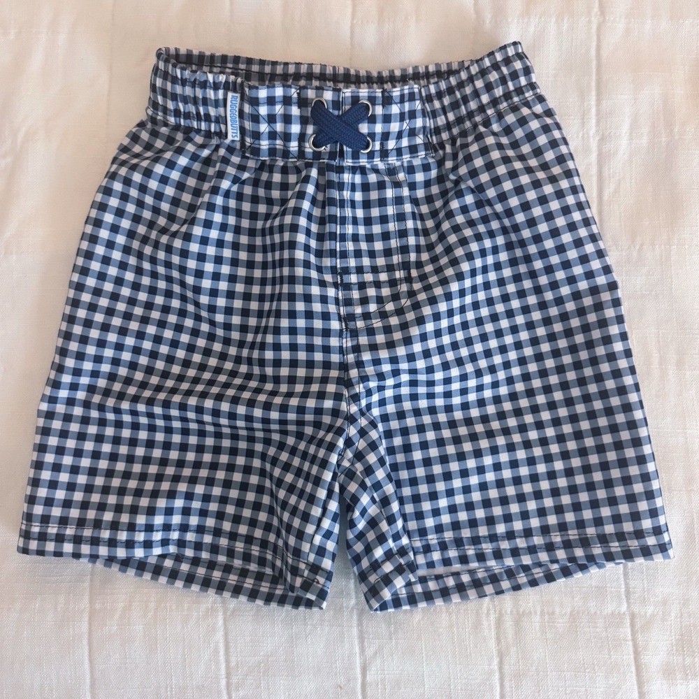 RuggedButts Boys 3T Gingham Swim Trunks Navy Ue White Lined Preppy EUC